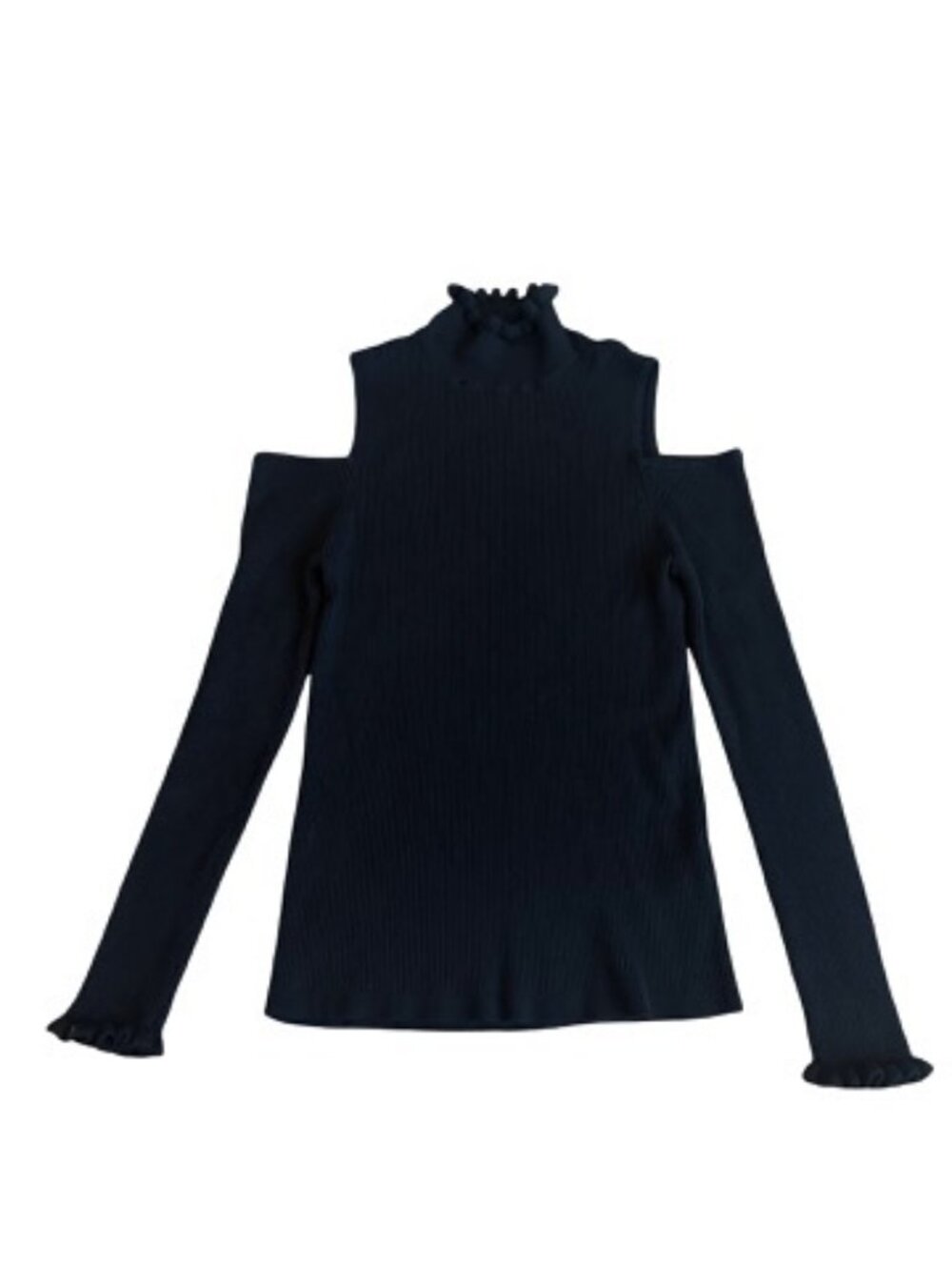 Nanette Lepore Black Ribbed Ruffle Mock Neck Cold Sweater Bodycon Medium Women's